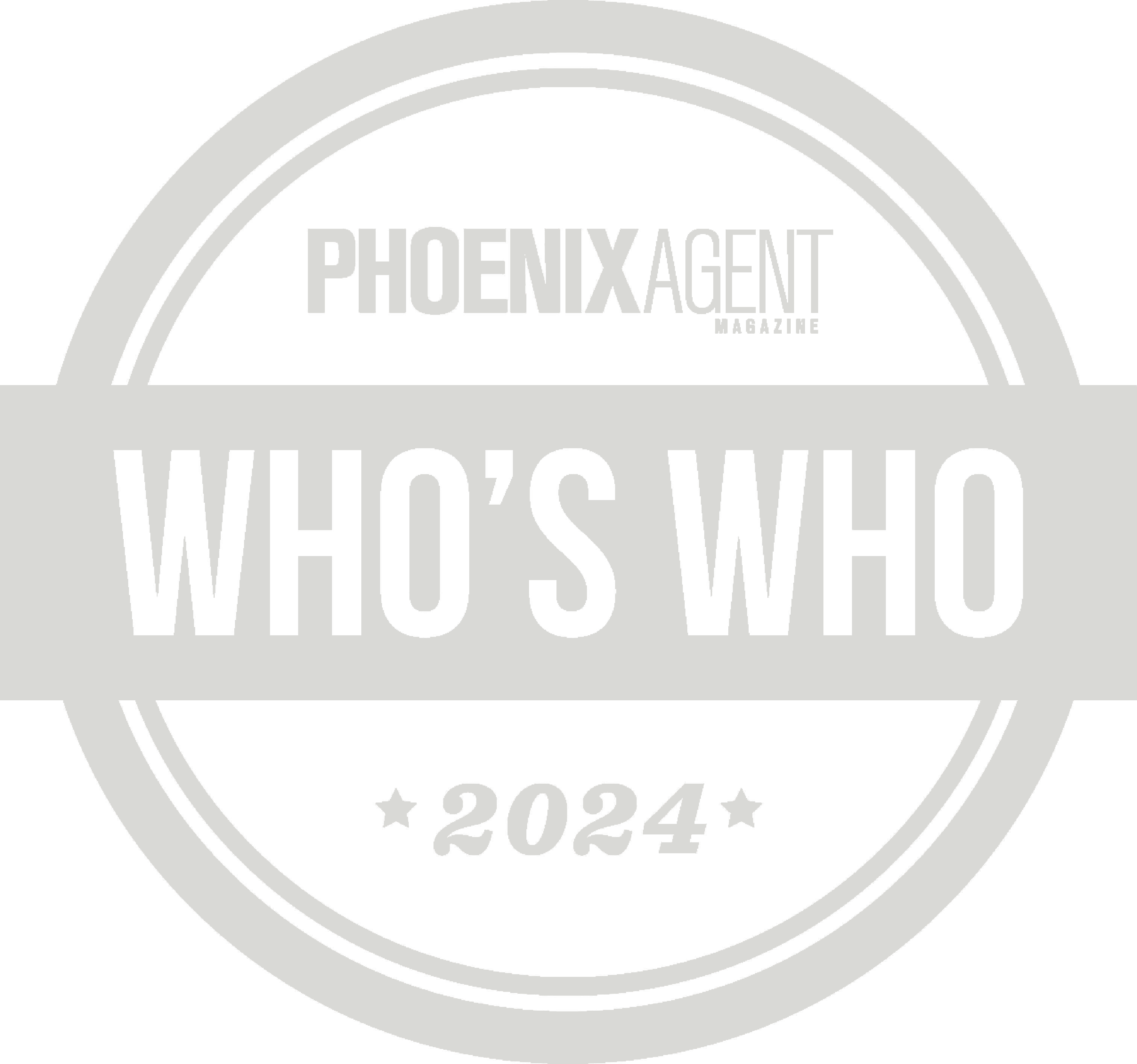 Circular badge with the words "Phoenix Agent Magazine" at the top, "Who's Who" in the center, and "2024" at the bottom, surrounded by a circle with stars. The design has a monochrome color scheme.