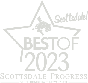 Logo for "Best of 2023" by Scottsdale Progress, featuring a star outline with a cowboy silhouette and the text "Scottsdale Progress: Your Hometown Newspaper" below.